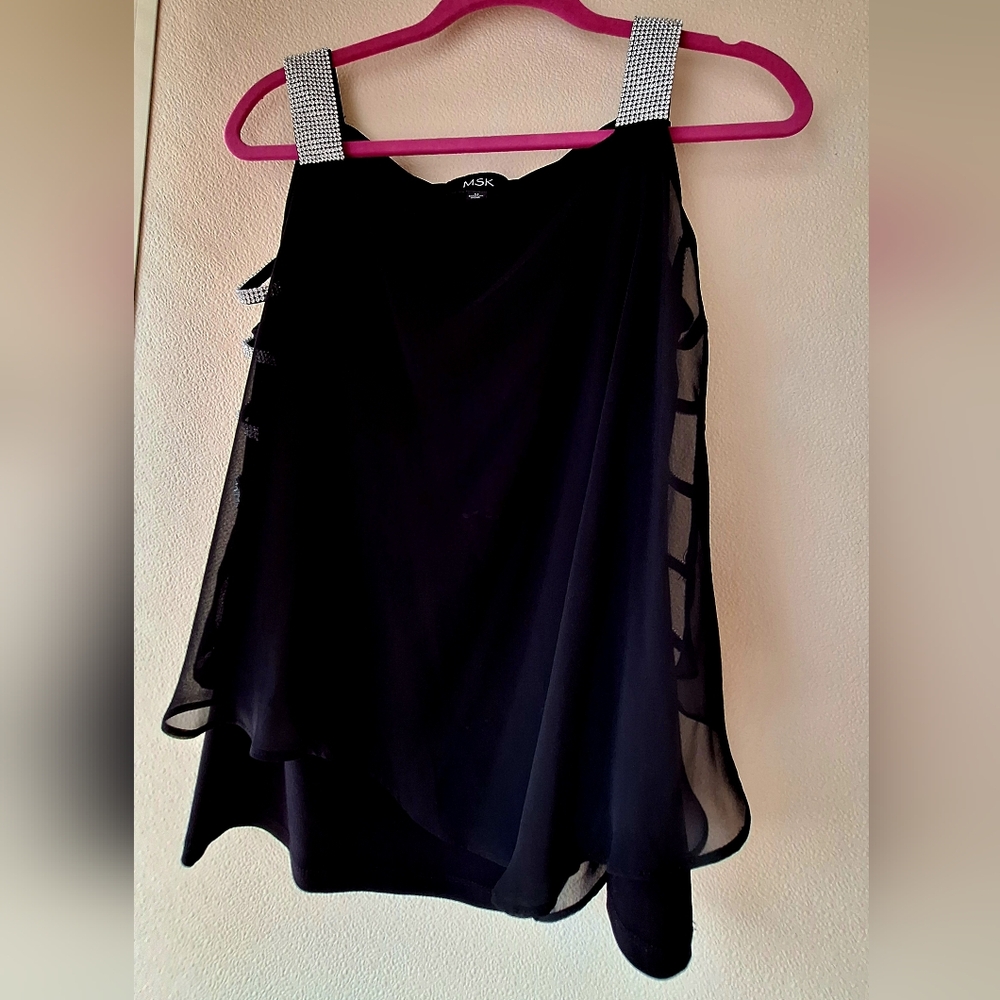 Elegant Black Chiffon MSK Top With Rhinestones Sparkly Size M